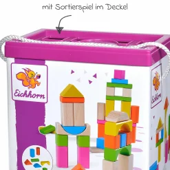 Holzbausteine 60 Stück - in Box mit Sortierspiel - Bunt & Natur
