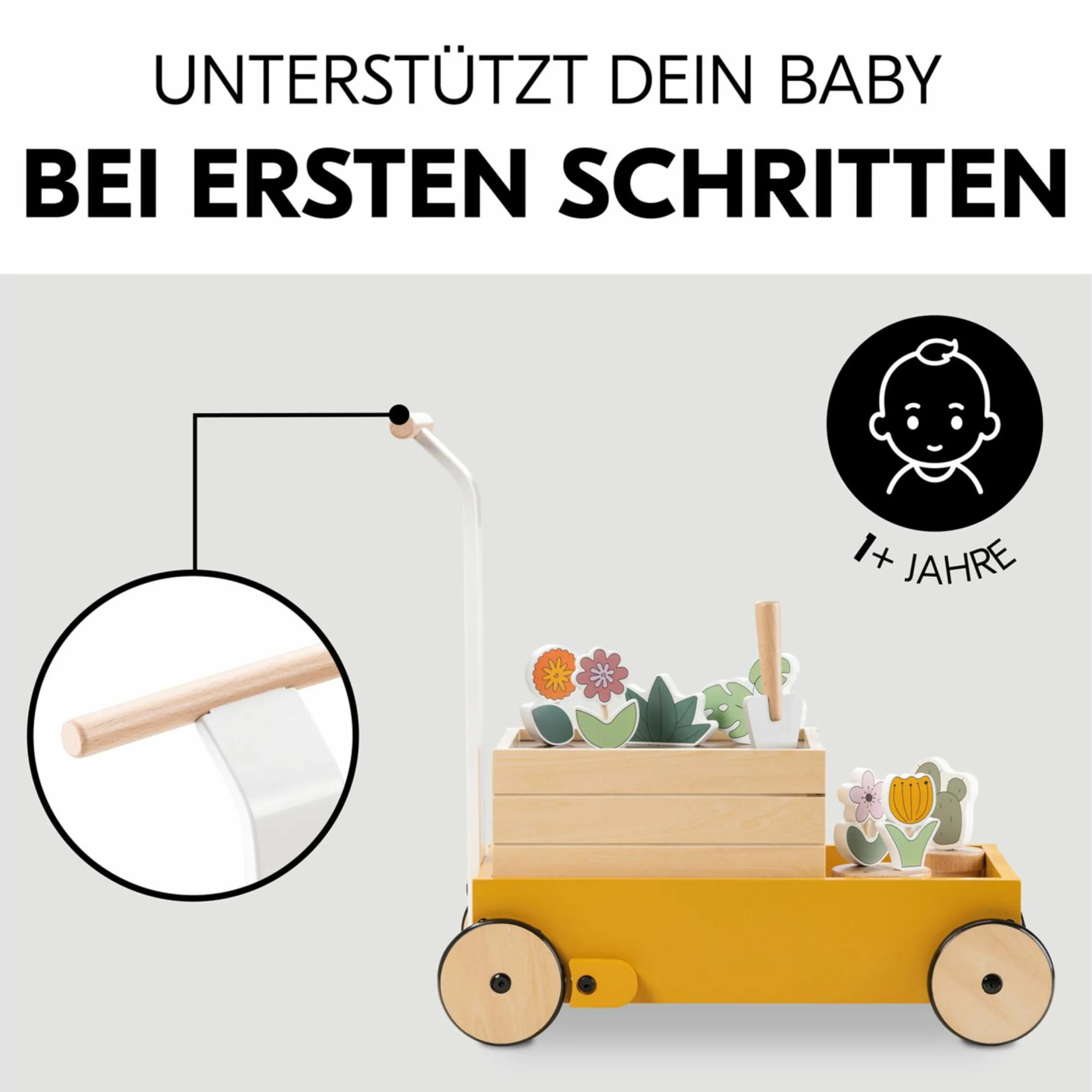 Holz-Lauflernwagen Learn to Walk - mit viel Zubehör für Gärtner-Rollenspiel - Plants