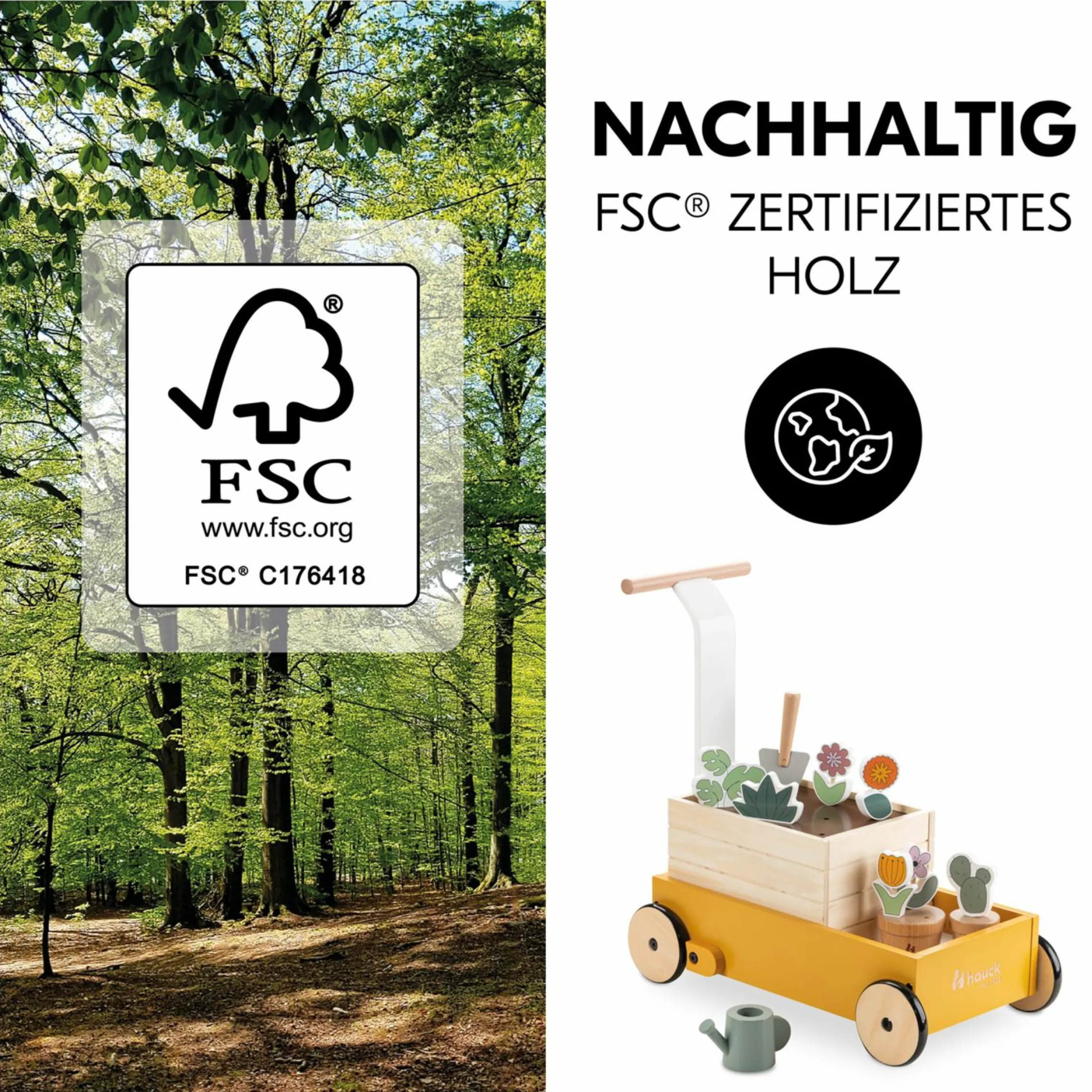 Holz-Lauflernwagen Learn to Walk - mit viel Zubehör für Gärtner-Rollenspiel - Plants