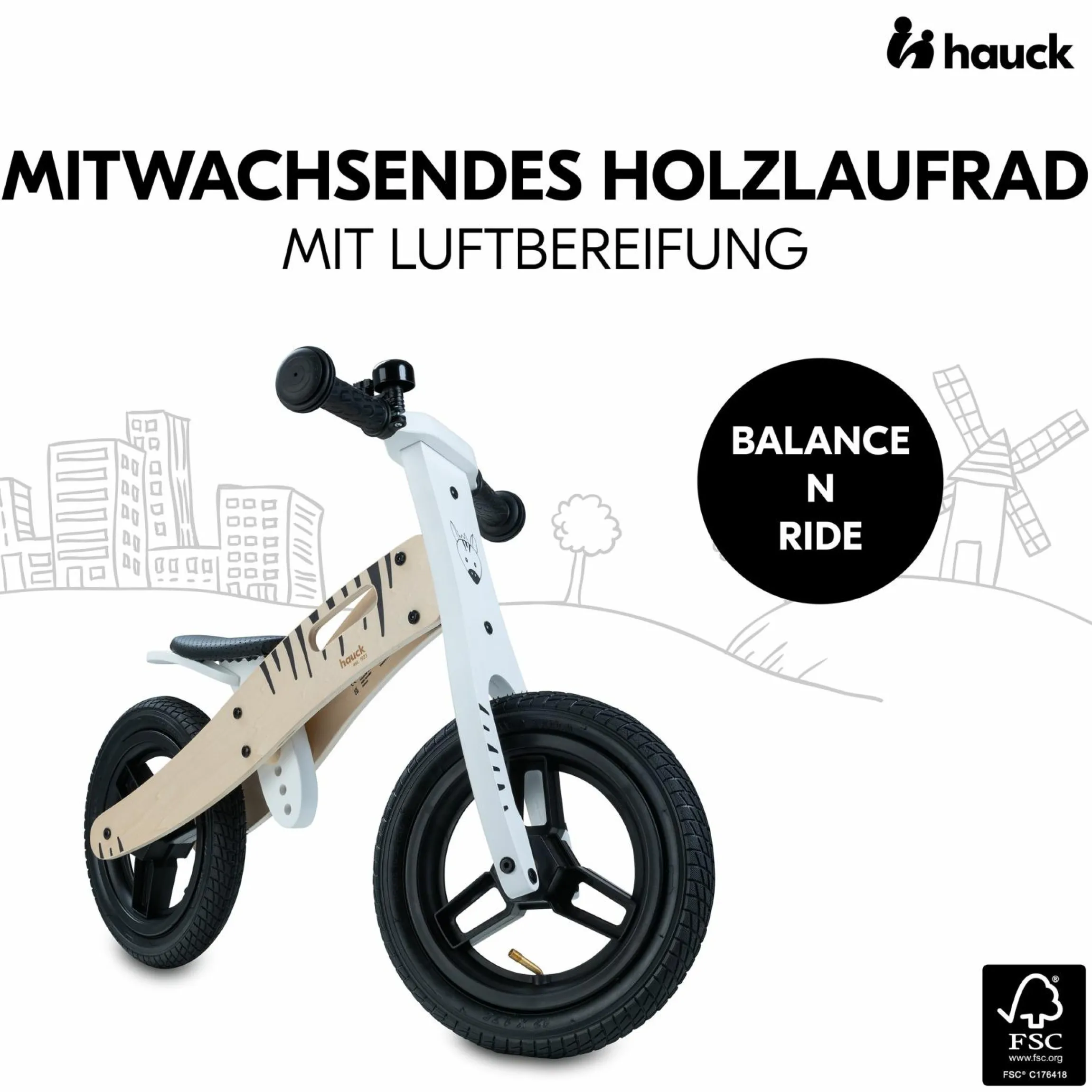 Holz-Laufrad Balance N Ride mit Lufträdern & verstellbarem Sitz (ab 18 Monate) - Zebra