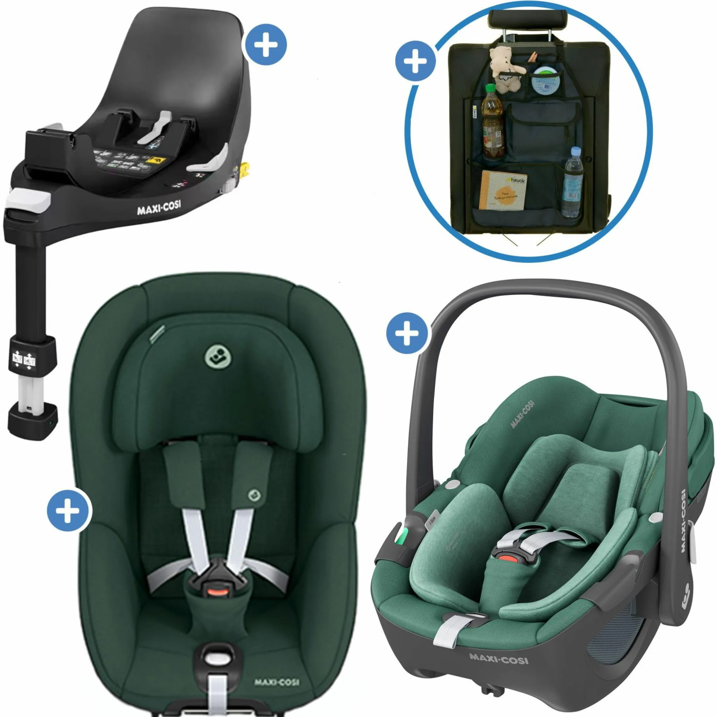 3in1 Babyschale & Reboarder-Set FamilyFix 360 ab Geburt bis 4 Jahre (40 - 105 cm) mit Babyschale Pebble 360 & Kindersitz Pearl 360 inkl. Isofix-Basis FamilyFix & Rückenlehnenschutz - Green