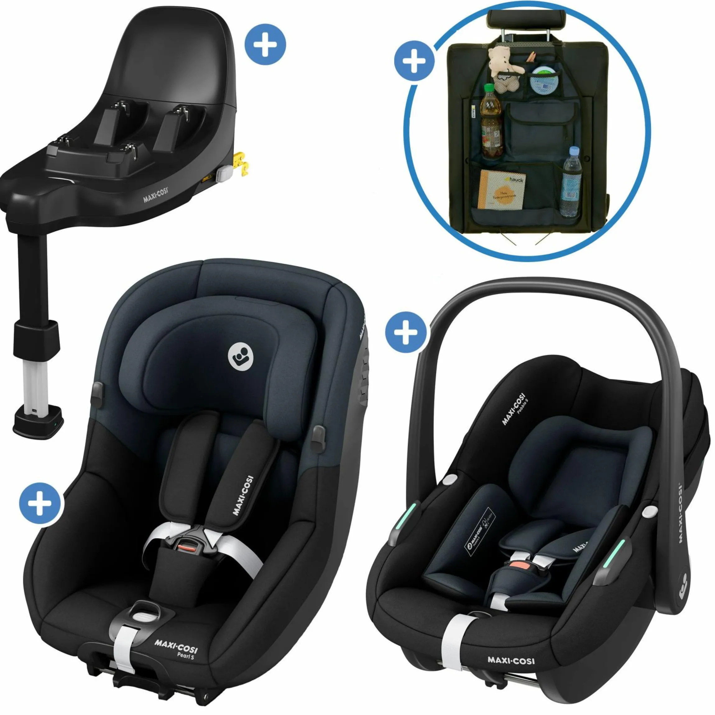 3in1 Babyschale & Reboarder-Set ab Geburt bis 4 Jahre mit (40 - 105 cm) mit Babyschale Pebble S i-Size & Kindersitz Pearl S inkl. Isofix-Basis FamilyFix S & Rückenlehnenschutz - Tonal Black