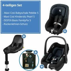 3in1 Babyschale & Reboarder-Set ab Geburt bis 4 Jahre mit (40 - 105 cm) mit Babyschale Pebble S i-Size & Kindersitz Pearl S inkl. Isofix-Basis FamilyFix S & Rückenlehnenschutz - Tonal Black