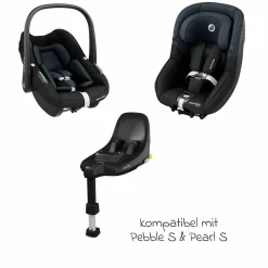 3in1 Babyschale & Reboarder-Set ab Geburt bis 4 Jahre mit (40 - 105 cm) mit Babyschale Pebble S i-Size & Kindersitz Pearl S inkl. Isofix-Basis FamilyFix S & Rückenlehnenschutz - Tonal Black