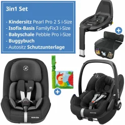 3in1 Babyschale & Reboarder-Set ab Geburt - 4 Jahre (45 cm - 105 cm) mit Babyschale Pebble Pro, Kindersitz Pearl Pro 2, FamilyFix 3 inkl. Schutzunterlage & Buggybuch - Black - Kollektion 2025