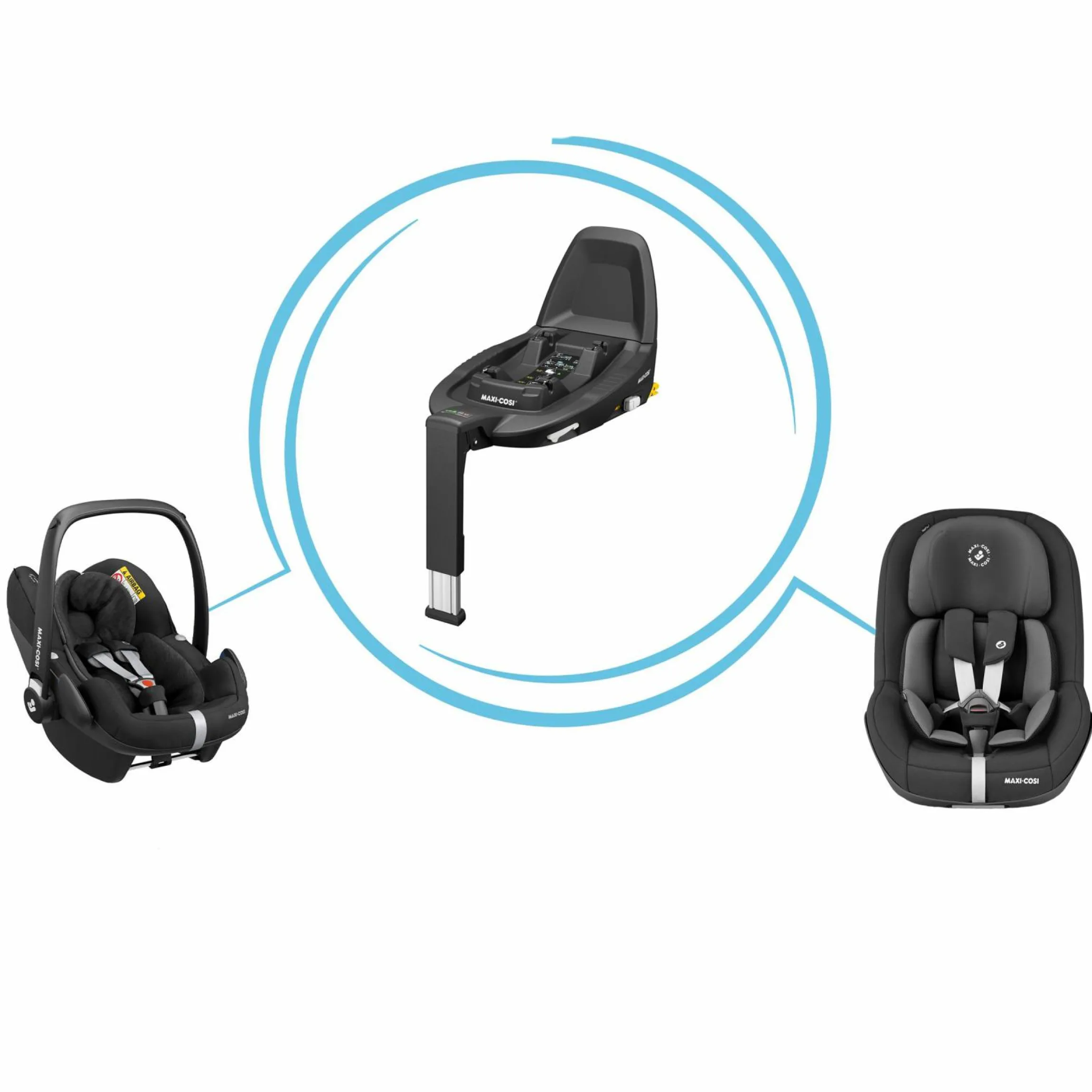 3in1 Babyschale & Reboarder-Set ab Geburt - 4 Jahre (45 cm - 105 cm) mit Babyschale Pebble Pro, Kindersitz Pearl Pro 2, FamilyFix 3 inkl. Schutzunterlage & Buggybuch - Black - Kollektion 2025