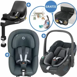 3in1 Babyschale & Reboarder-Set FamilyFix 360 ab Geburt bis 4 Jahre (40 - 105 cm) mit Babyschale Pebble 360 & Kindersitz Pearl 360 inkl. Isofix-Basis FamilyFix, Schutzunterlage, Activity-Trapez & Schnullertasche - Graphite - Kollektion 2025
