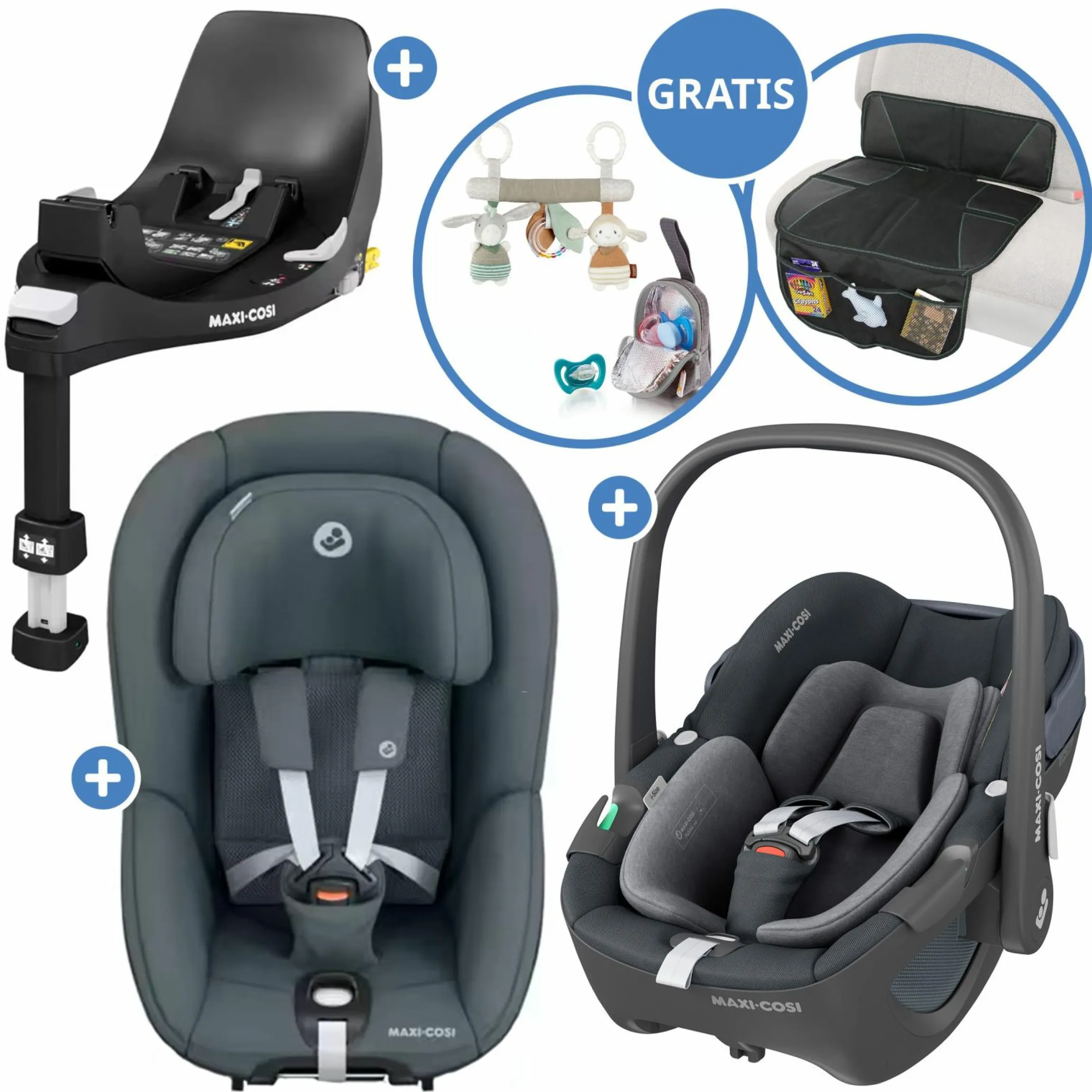 3in1 Babyschale & Reboarder-Set FamilyFix 360 ab Geburt bis 4 Jahre (40 - 105 cm) mit Babyschale Pebble 360 & Kindersitz Pearl 360 inkl. Isofix-Basis FamilyFix, Schutzunterlage, Activity-Trapez & Schnullertasche - Graphite - Kollektion 2025