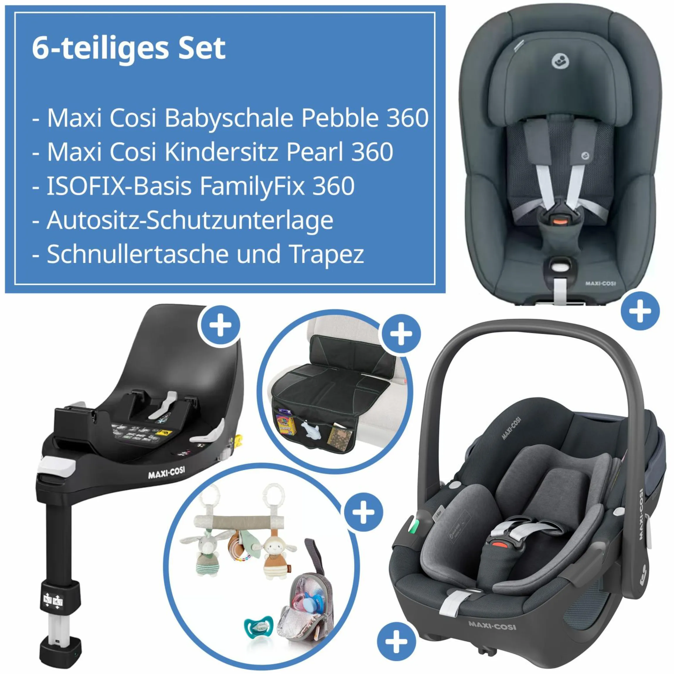 3in1 Babyschale & Reboarder-Set FamilyFix 360 ab Geburt bis 4 Jahre (40 - 105 cm) mit Babyschale Pebble 360 & Kindersitz Pearl 360 inkl. Isofix-Basis FamilyFix, Schutzunterlage, Activity-Trapez & Schnullertasche - Graphite - Kollektion 2025