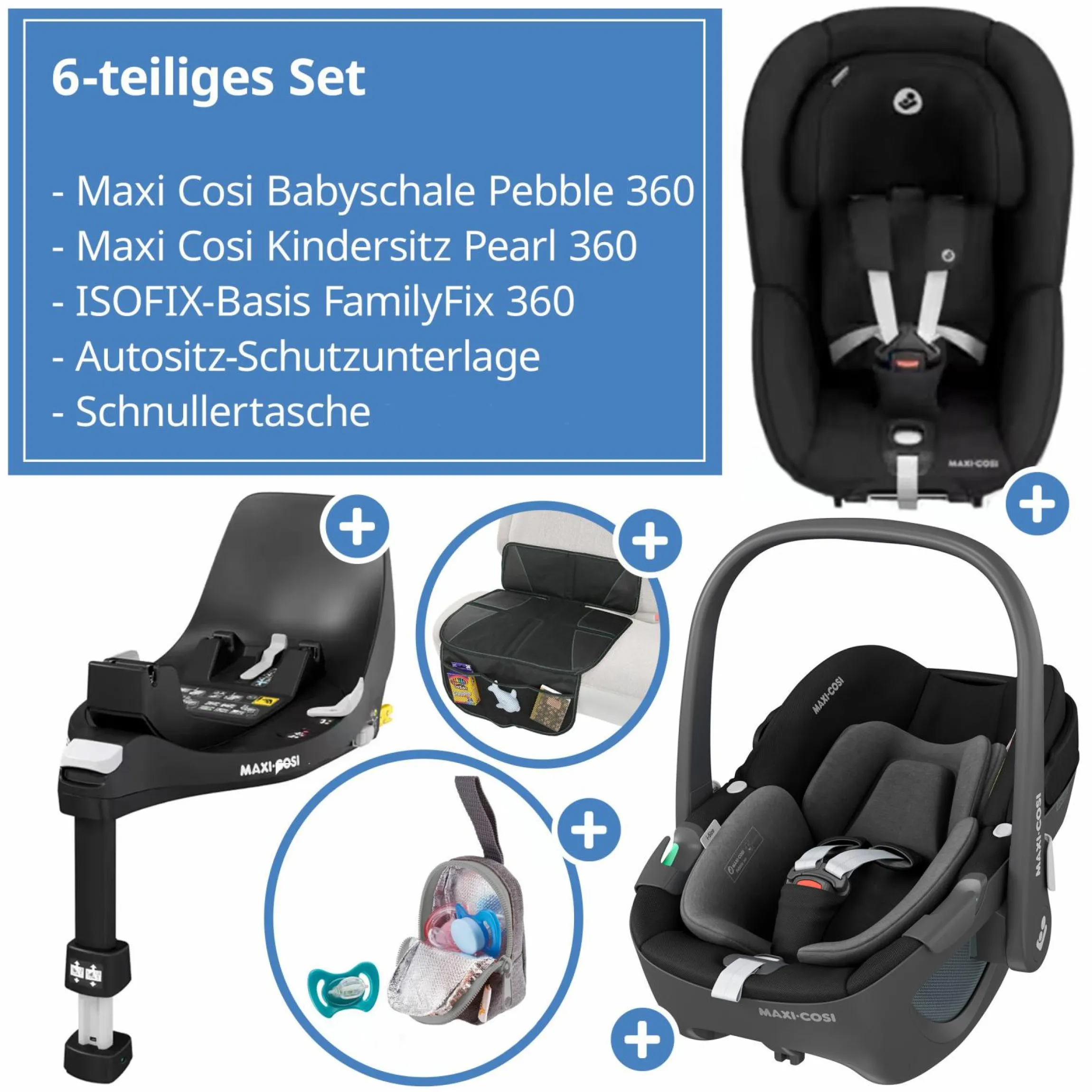 3in1 Babyschale & Reboarder-Set FamilyFix 360 ab Geburt bis 4 Jahre (40 - 105 cm) mit Babyschale Pebble 360 & Kindersitz Pearl 360 inkl. Isofix-Basis FamilyFix, Schutzunterlage & Schnullertasche - Black - Kollektion 2025