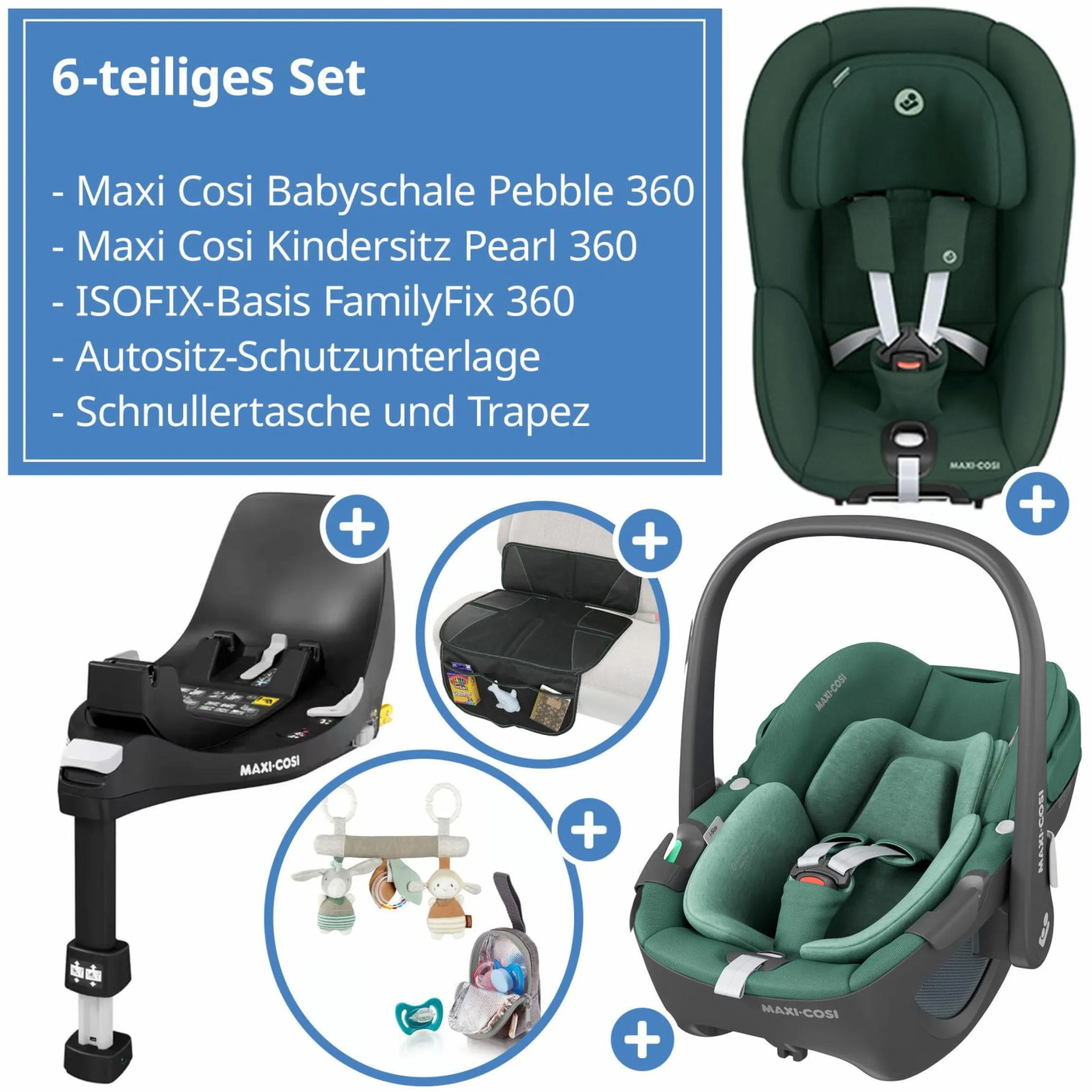 3in1 Babyschale & Reboarder-Set FamilyFix 360 ab Geburt bis 4 Jahre (40 - 105 cm) mit Babyschale Pebble 360 & Kindersitz Pearl 360 inkl. Isofix-Basis FamilyFix, Schutzunterlage, Activity-Trapez & Schnullertasche - Green - Kollektion 2025