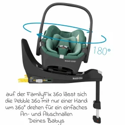 3in1 Babyschale & Reboarder-Set FamilyFix 360 ab Geburt bis 4 Jahre (40 - 105 cm) mit Babyschale Pebble 360 & Kindersitz Pearl 360 inkl. Isofix-Basis FamilyFix, Schutzunterlage, Activity-Trapez & Schnullertasche - Green - Kollektion 2025