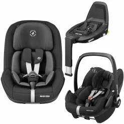 3in1 Babyschale & Reboarder-Set ab Geburt - 4 Jahre (45 cm - 105 cm) mit Babyschale Pebble Pro, Kindersitz Pearl Pro 2 inkl. FamilyFix 3 - Black
