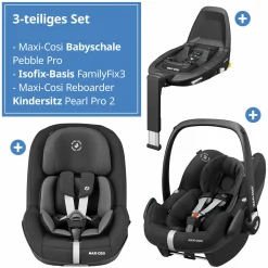3in1 Babyschale & Reboarder-Set ab Geburt - 4 Jahre (45 cm - 105 cm) mit Babyschale Pebble Pro, Kindersitz Pearl Pro 2 inkl. FamilyFix 3 - Black