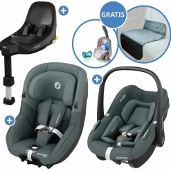 3in1 Babyschalen & Kindersitz-Set FamilyFix S ab Geburt bis 4 Jahre (40cm - 105 cm mit Babyschale Pebble S & Kindersitz Pearl S inkl. Isofix-Basis FamilyFix S, Schutzunterlage & Schnullertasche - Tonal Graphite - Kollektion 2025