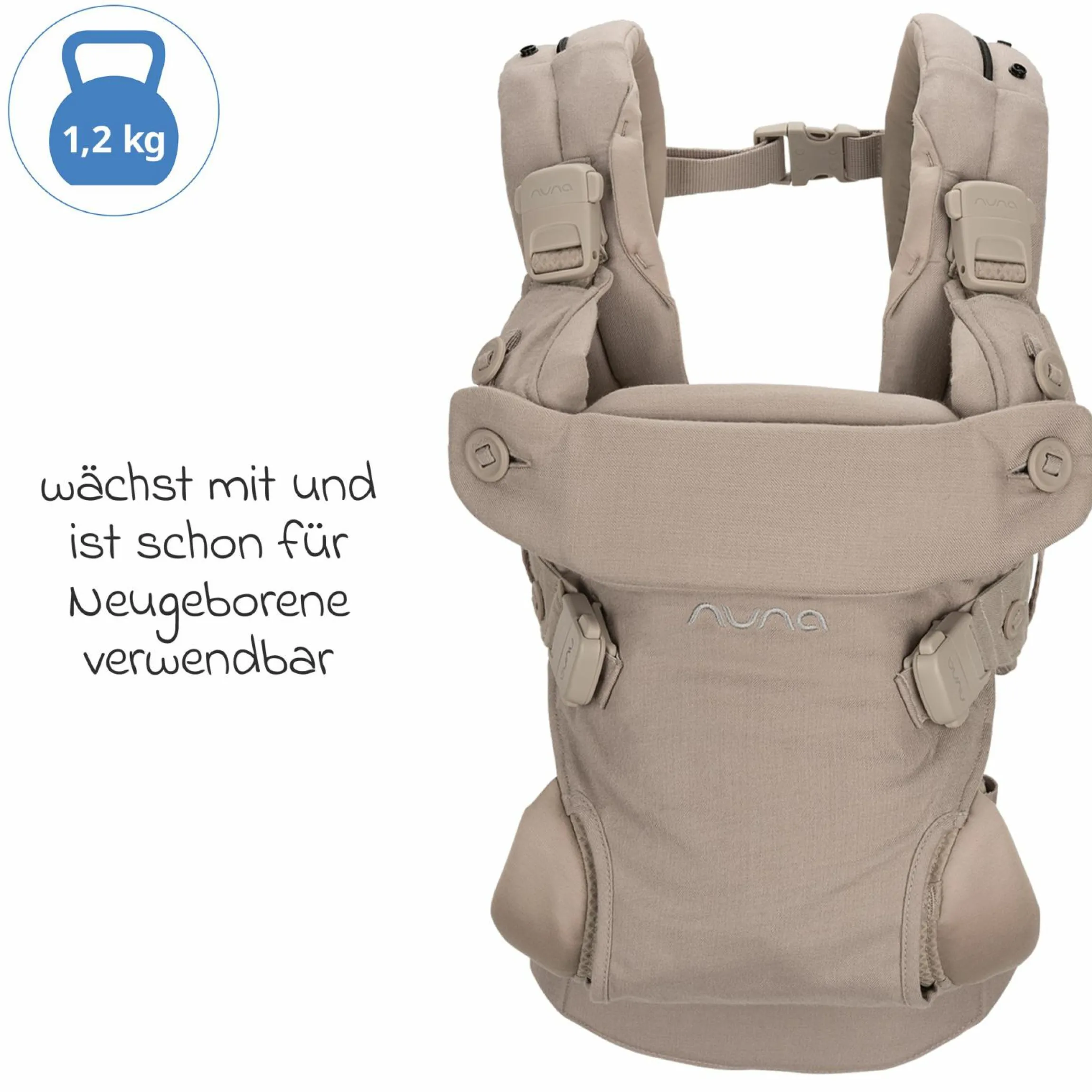 4in1 Babytrage CUDL Luxe für Neugeborene ab 3,5 kg bis 16 kg einsetzbar mit 4 Tragepositionen, Klickverschluss inkl. Zubehör - Quartz - Kollektion 2025