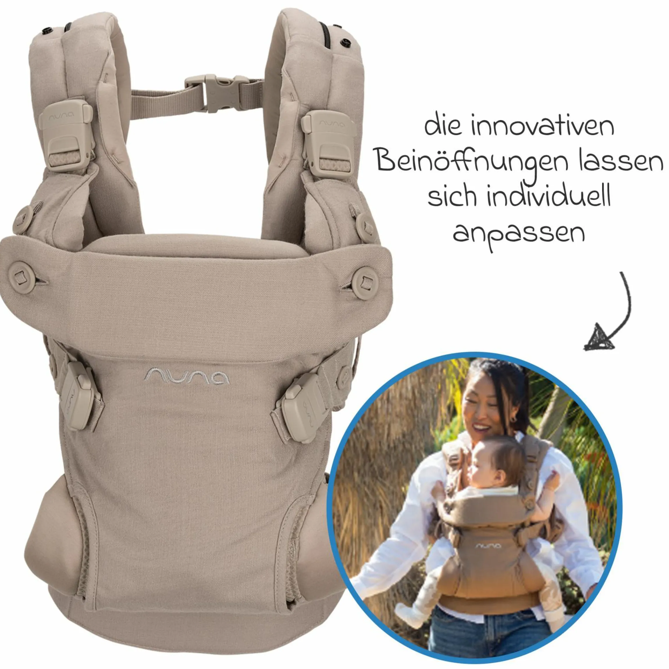 4in1 Babytrage CUDL Luxe für Neugeborene ab 3,5 kg bis 16 kg einsetzbar mit 4 Tragepositionen, Klickverschluss inkl. Zubehör - Quartz - Kollektion 2025