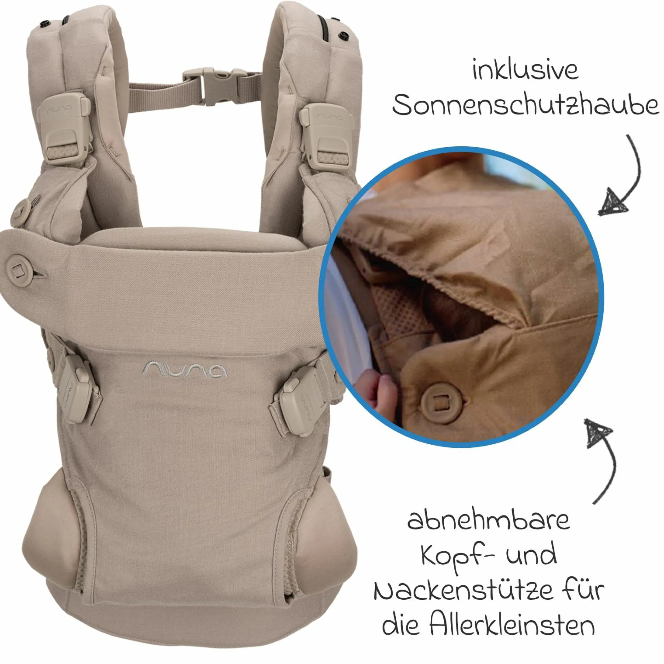 4in1 Babytrage CUDL Luxe für Neugeborene ab 3,5 kg bis 16 kg einsetzbar mit 4 Tragepositionen, Klickverschluss inkl. Zubehör - Quartz - Kollektion 2025