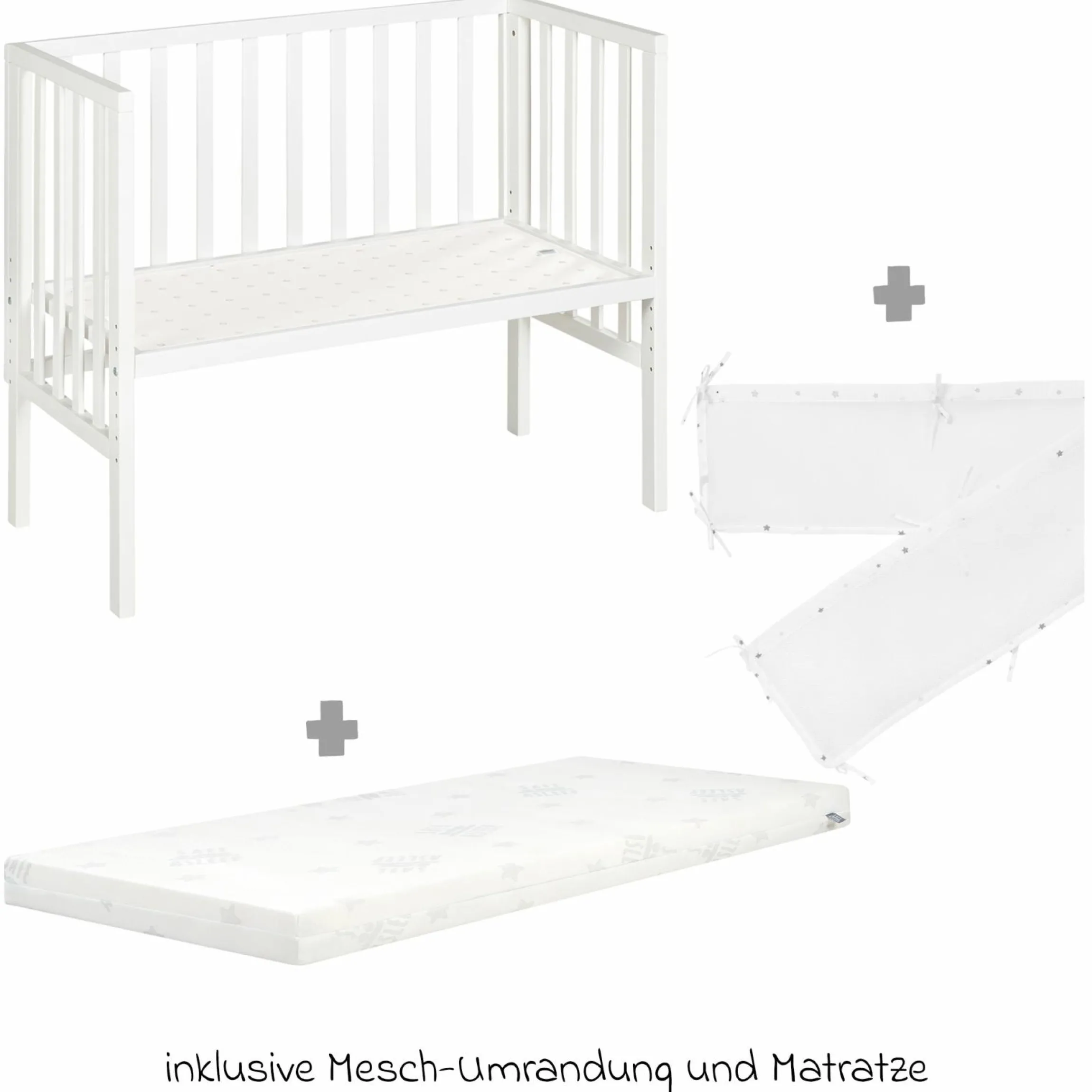 2in1 Beistellbett mit Canvas-Barriere, Nestchen + safe asleep Matratze mit 90 x 45 cm 47 x 99,5 cm - Sternenzauber - Grau - Kollektion 2024
