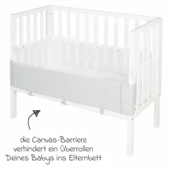 2in1 Beistellbett mit Canvas-Barriere, Nestchen + safe asleep Matratze mit 90 x 45 cm 47 x 99,5 cm - Sternenzauber - Grau - Kollektion 2024