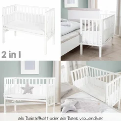 2in1 Beistellbett mit Canvas-Barriere, Nestchen + safe asleep Matratze mit 90 x 45 cm 47 x 99,5 cm - Sternenzauber - Grau - Kollektion 2024