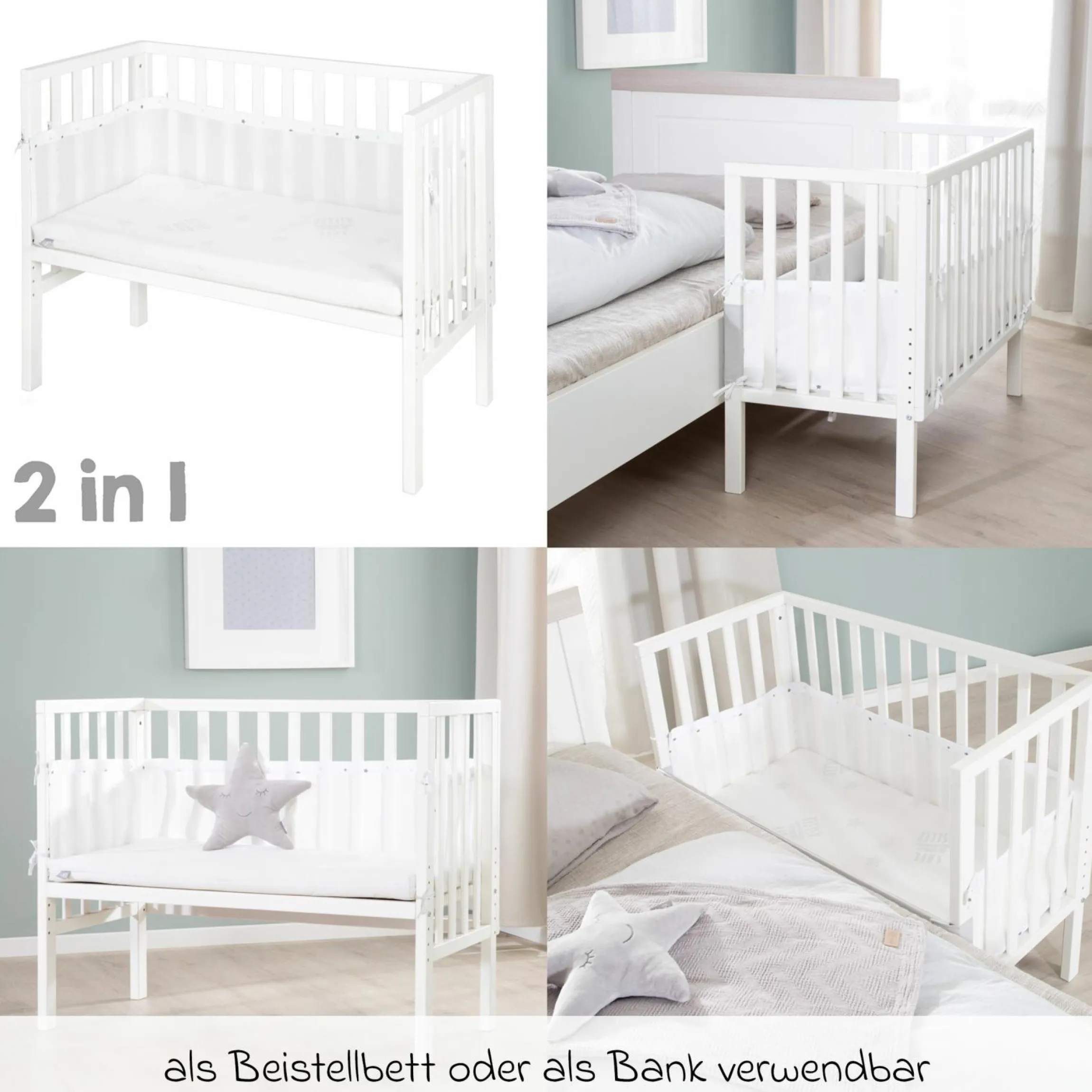 2in1 Beistellbett mit Canvas-Barriere, Nestchen + safe asleep Matratze mit 90 x 45 cm 47 x 99,5 cm - Sternenzauber - Grau - Kollektion 2024