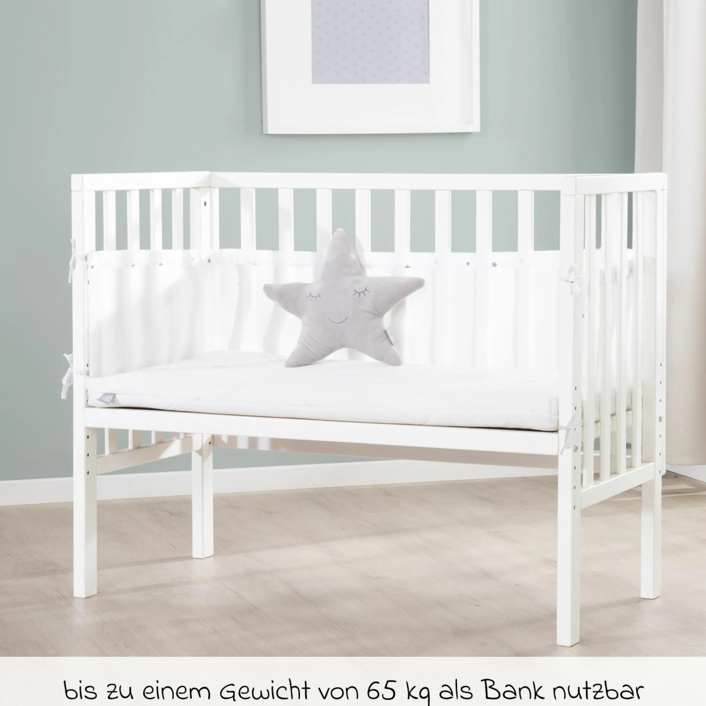 2in1 Beistellbett mit Canvas-Barriere, Nestchen + safe asleep Matratze mit 90 x 45 cm 47 x 99,5 cm - Sternenzauber - Grau - Kollektion 2024