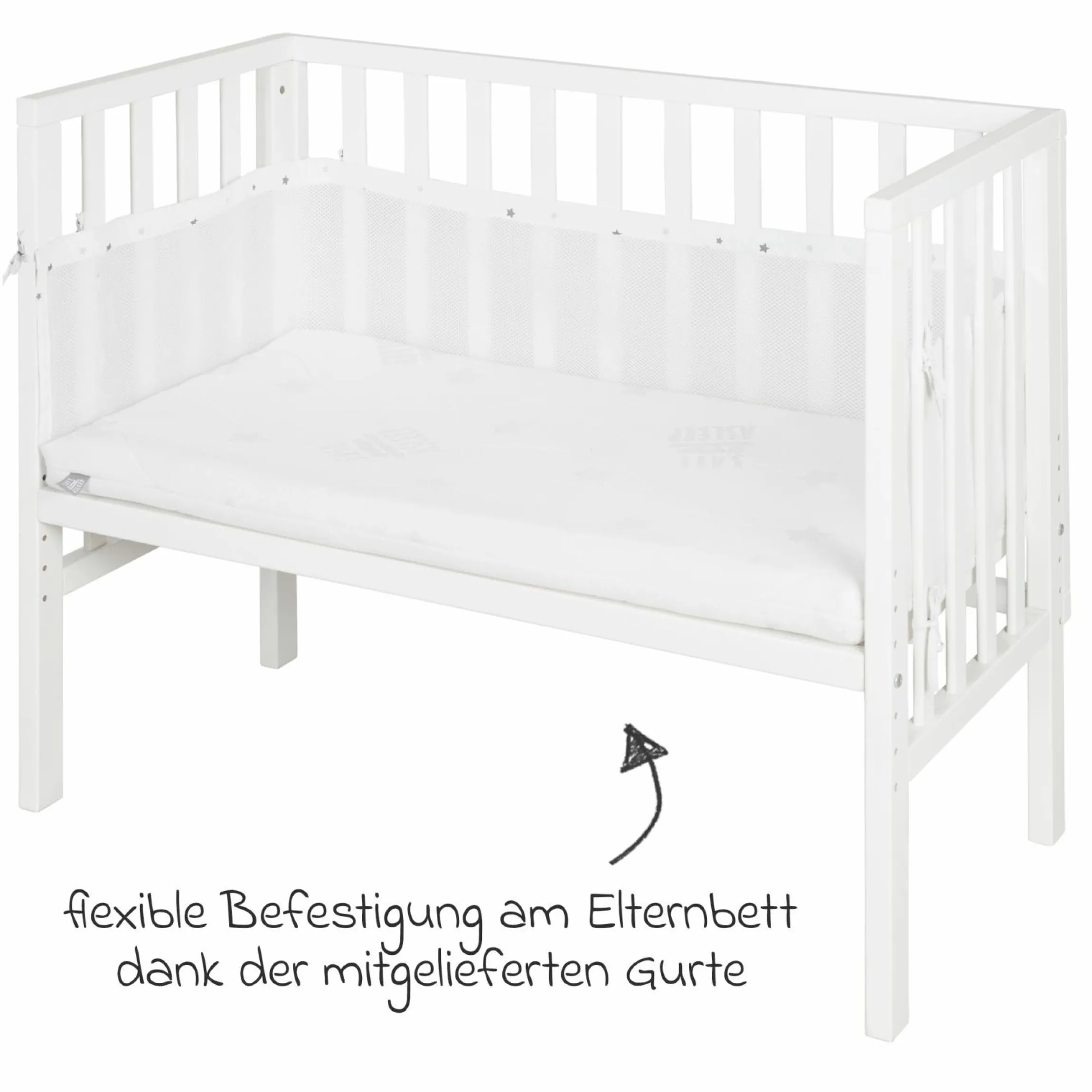 2in1 Beistellbett mit Canvas-Barriere, Nestchen + safe asleep Matratze mit 90 x 45 cm 47 x 99,5 cm - Sternenzauber - Grau - Kollektion 2024