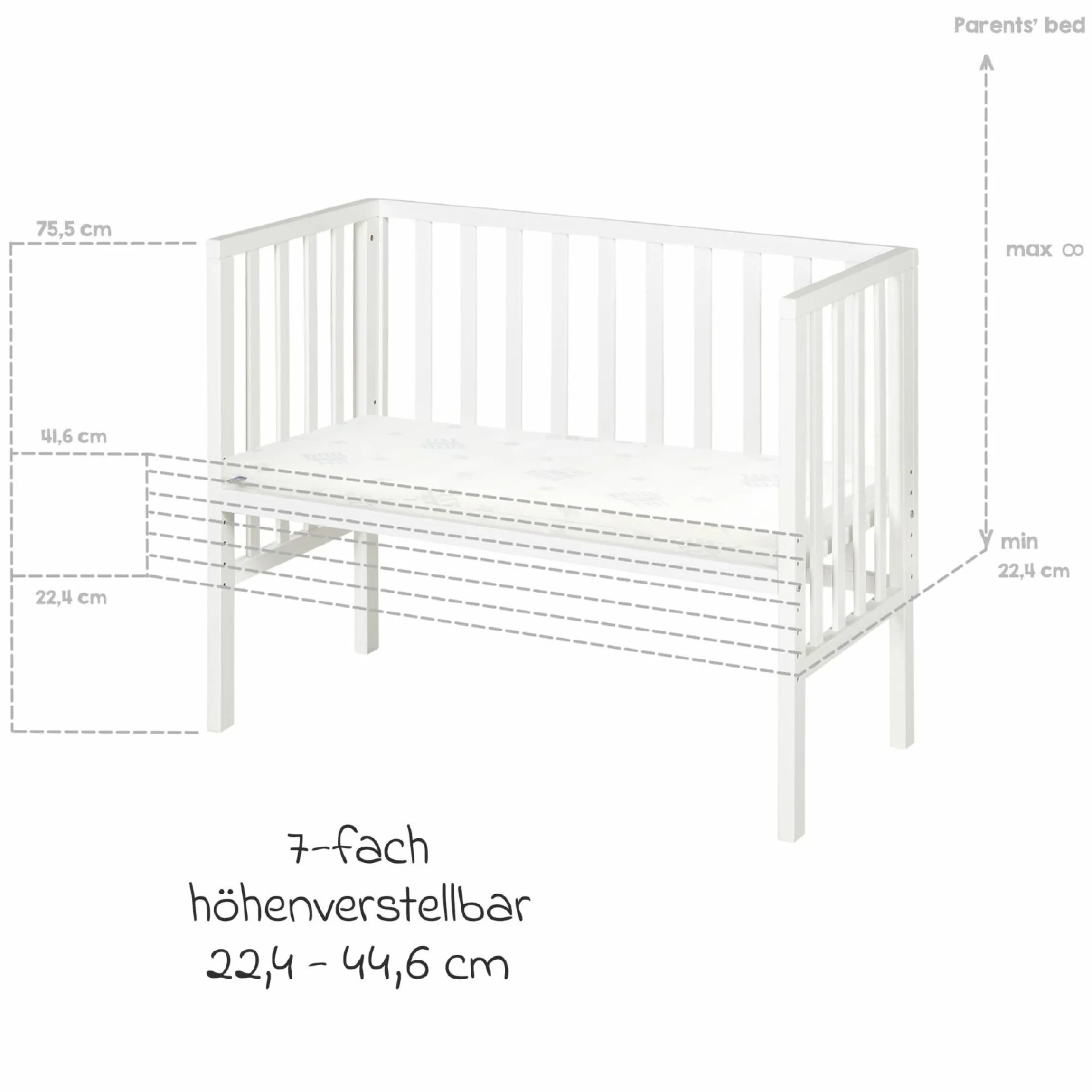 2in1 Beistellbett mit Canvas-Barriere, Nestchen + safe asleep Matratze mit 90 x 45 cm 47 x 99,5 cm - Sternenzauber - Grau - Kollektion 2024