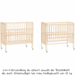 2in1 Beistellbett, Stubenbett Nino (auch für Boxspringbetten geeignet) - Natur