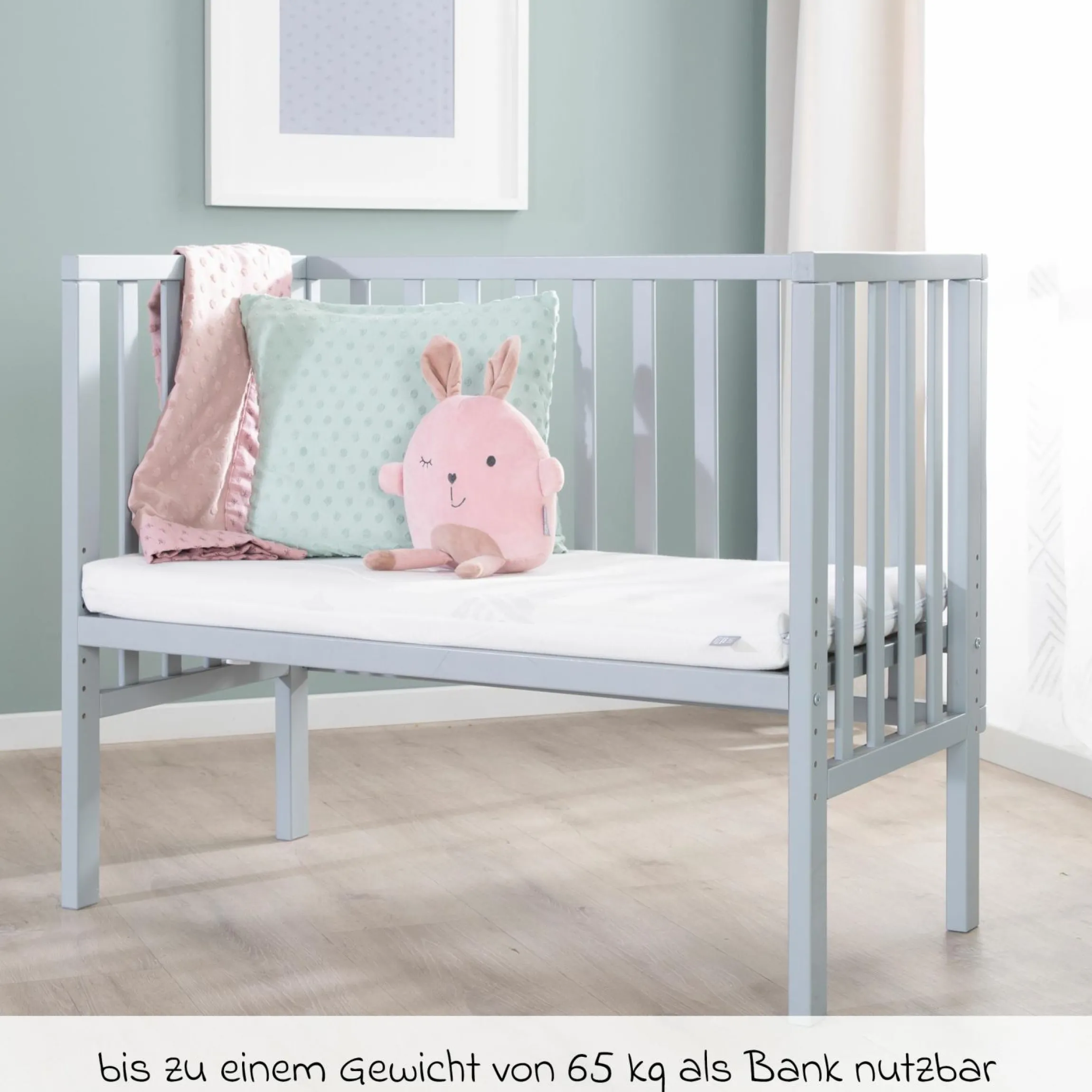 2in1 Beistellbett und Bank mit Canvas-Barriere + Matratze mit 90 x 45 cm - 47 x 99,5 cm - Taupe