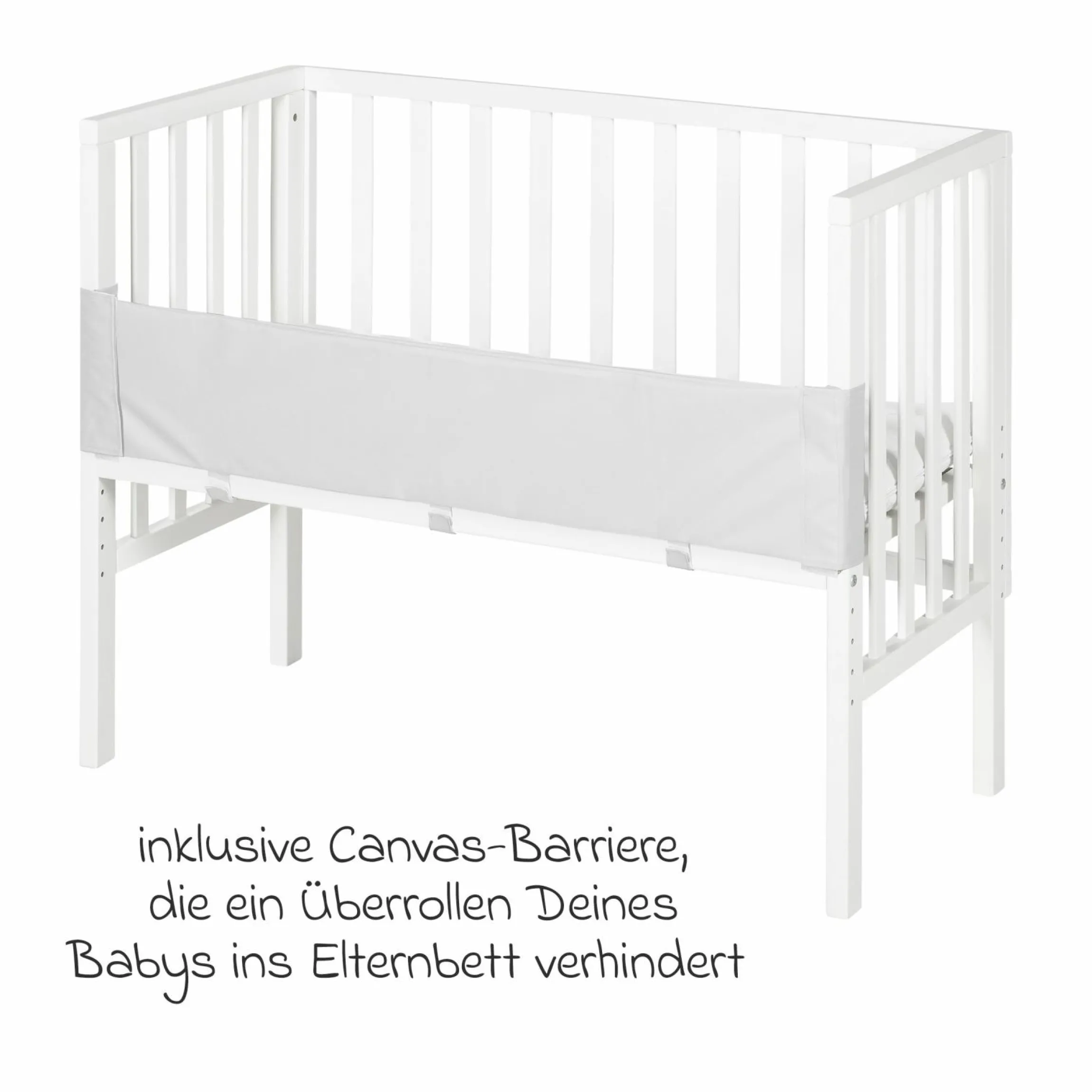 2in1 Beistellbett und Bank mit Canvas-Barriere + Matratze mit 90 x 45 cm - 47 x 99,5 cm - Weiß