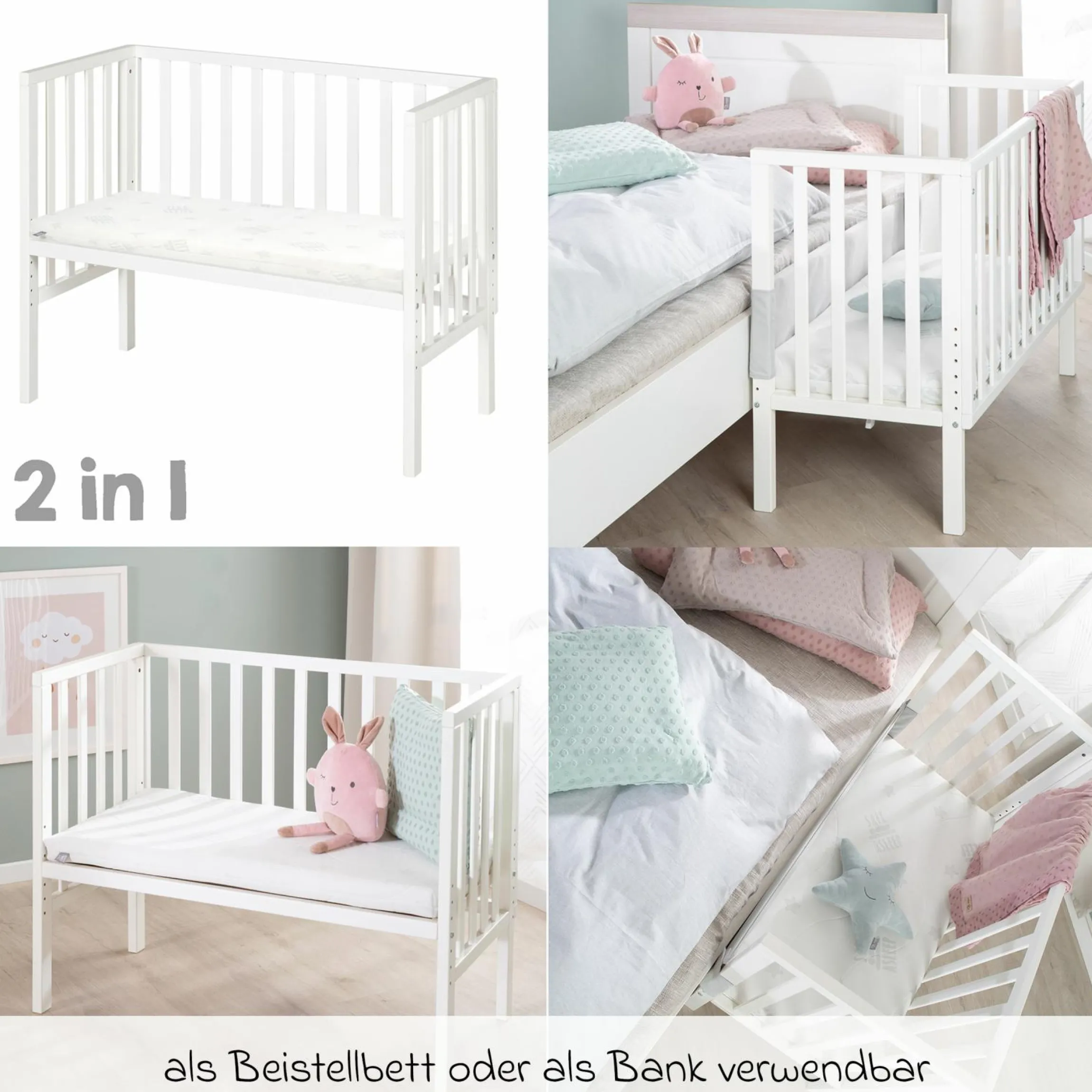 2in1 Beistellbett und Bank mit Canvas-Barriere + Matratze mit 90 x 45 cm - 47 x 99,5 cm - Weiß