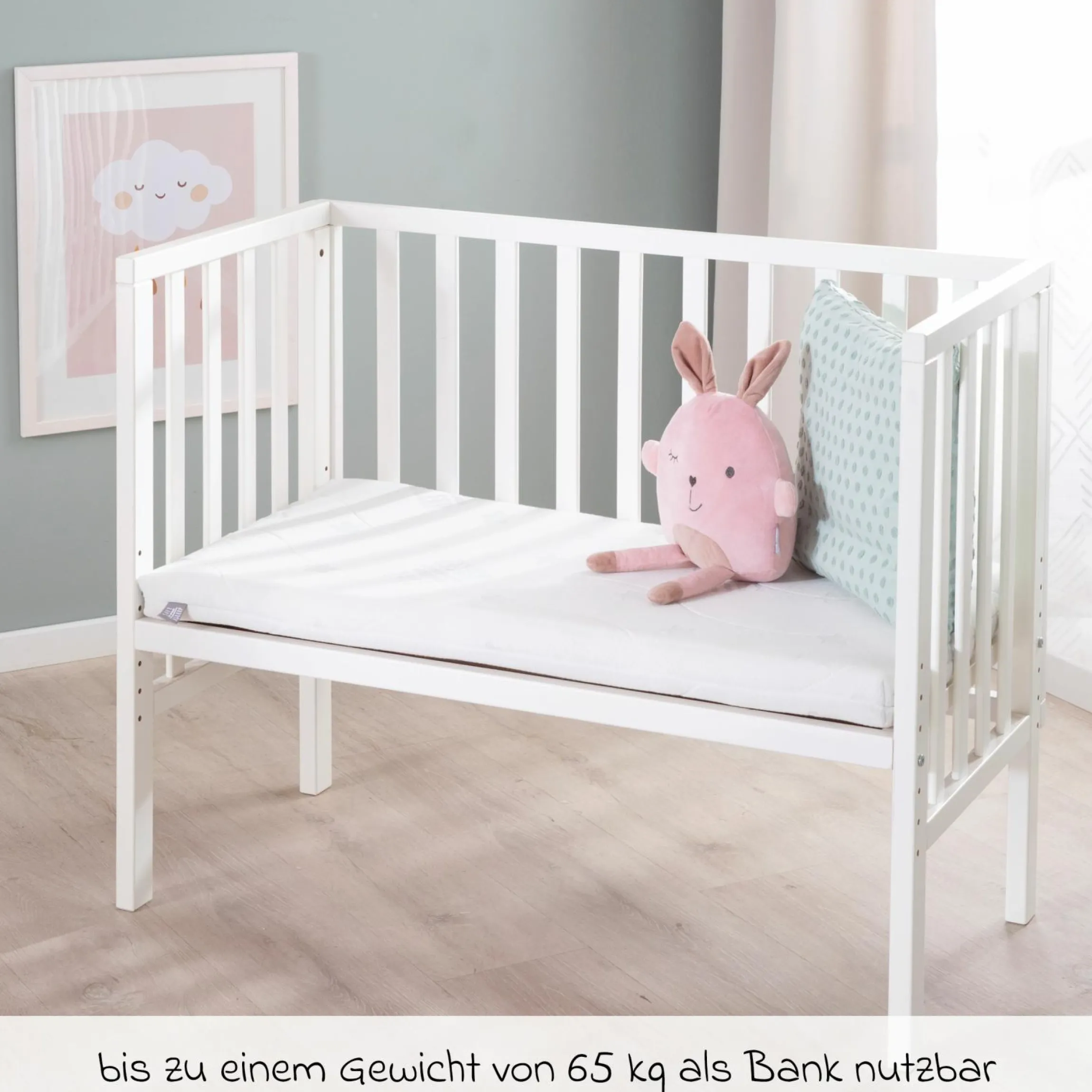 2in1 Beistellbett und Bank mit Canvas-Barriere + Matratze mit 90 x 45 cm - 47 x 99,5 cm - Weiß