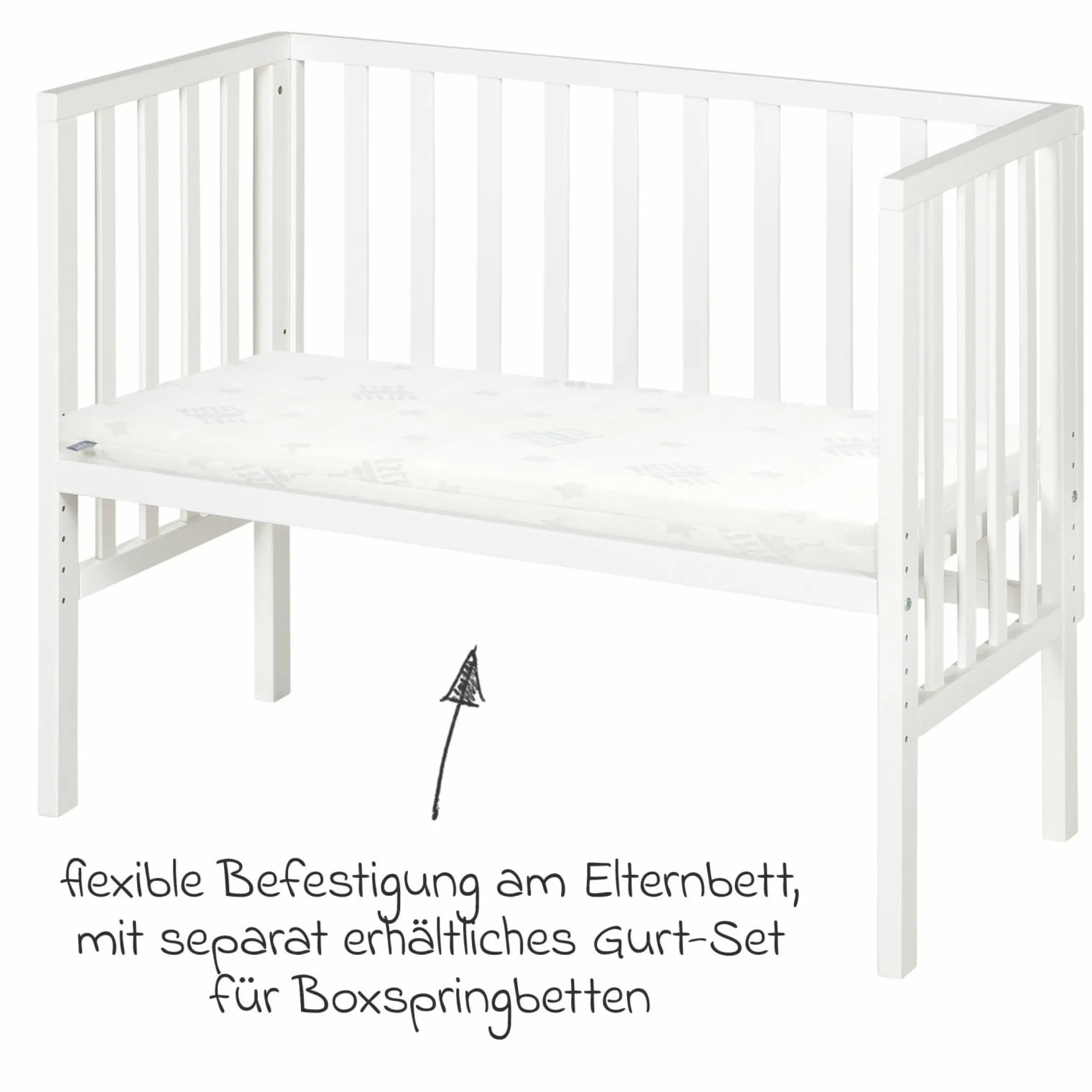 2in1 Beistellbett und Bank mit Canvas-Barriere + Matratze mit 90 x 45 cm - 47 x 99,5 cm - Weiß