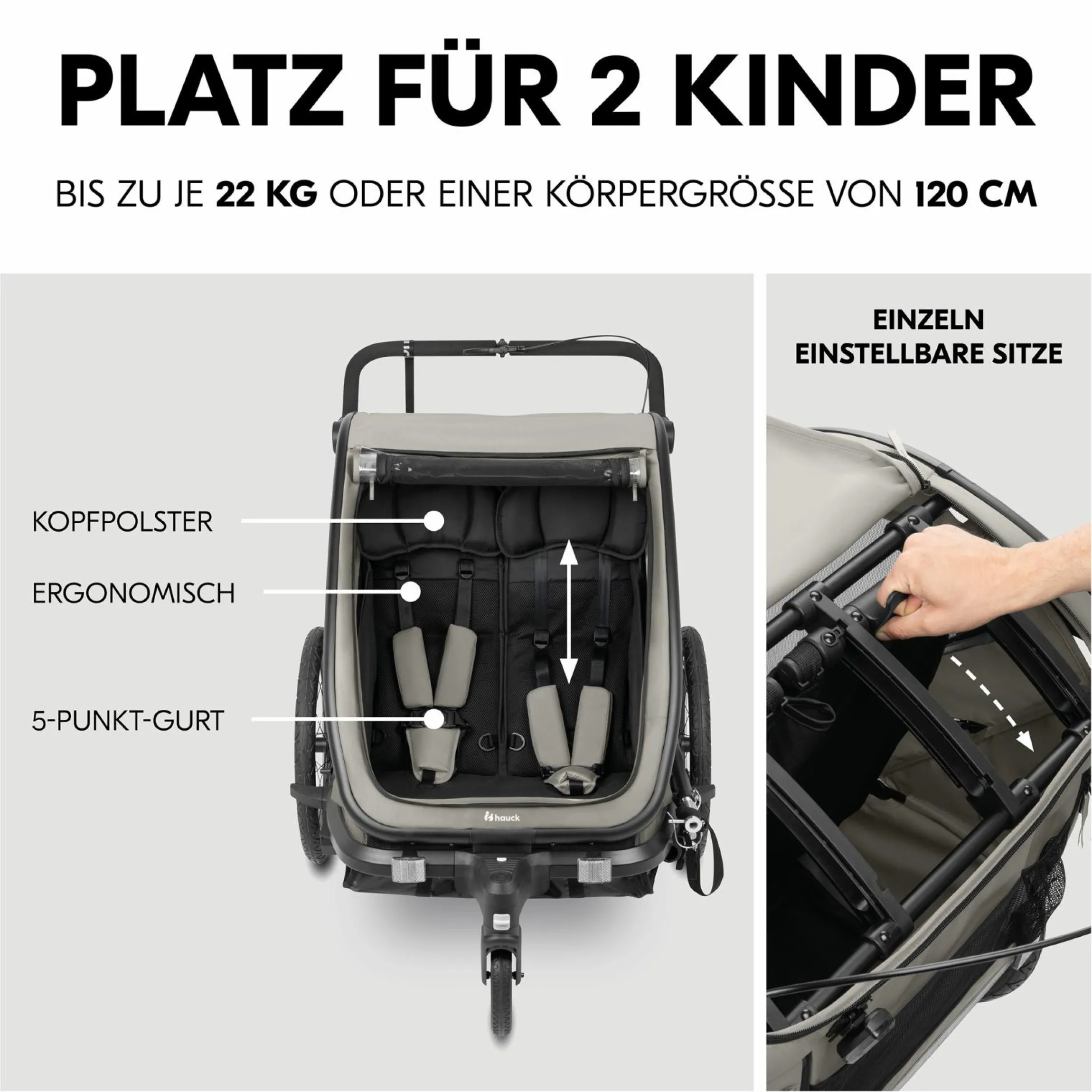 3in1 Fahrradanhänger Bike N Walk Duo für 2 Kinder (bis 44 kg) - Bike Trailer, City Buggy & Outdoor-Begleiter - Light Grey