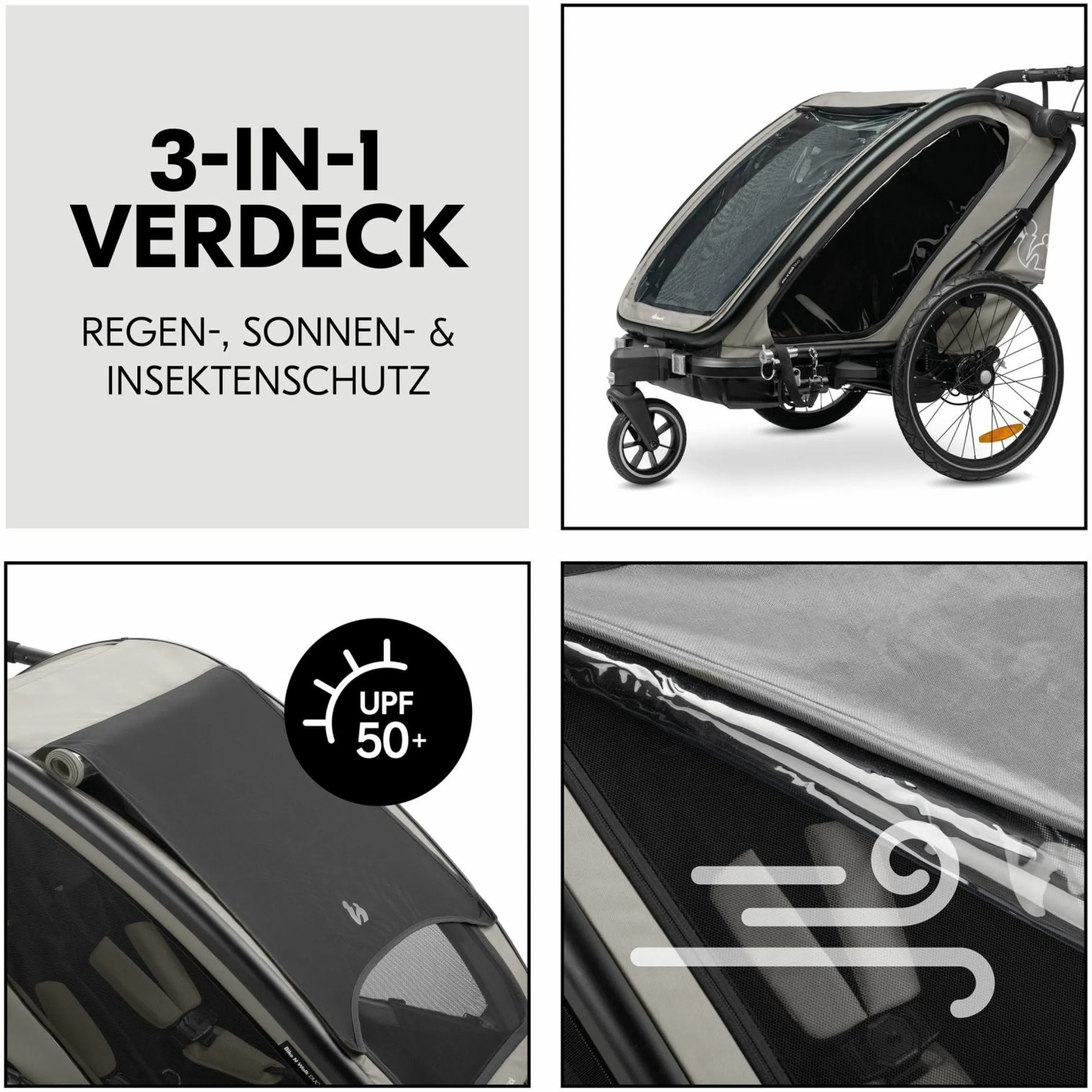 3in1 Fahrradanhänger Bike N Walk Duo für 2 Kinder (bis 44 kg) - Bike Trailer, City Buggy & Outdoor-Begleiter - Light Grey