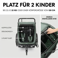 3in1 Fahrradanhänger Bike N Walk Duo für 2 Kinder (bis 44 kg) - Bike Trailer, City Buggy & Outdoor-Begleiter - Dark Green