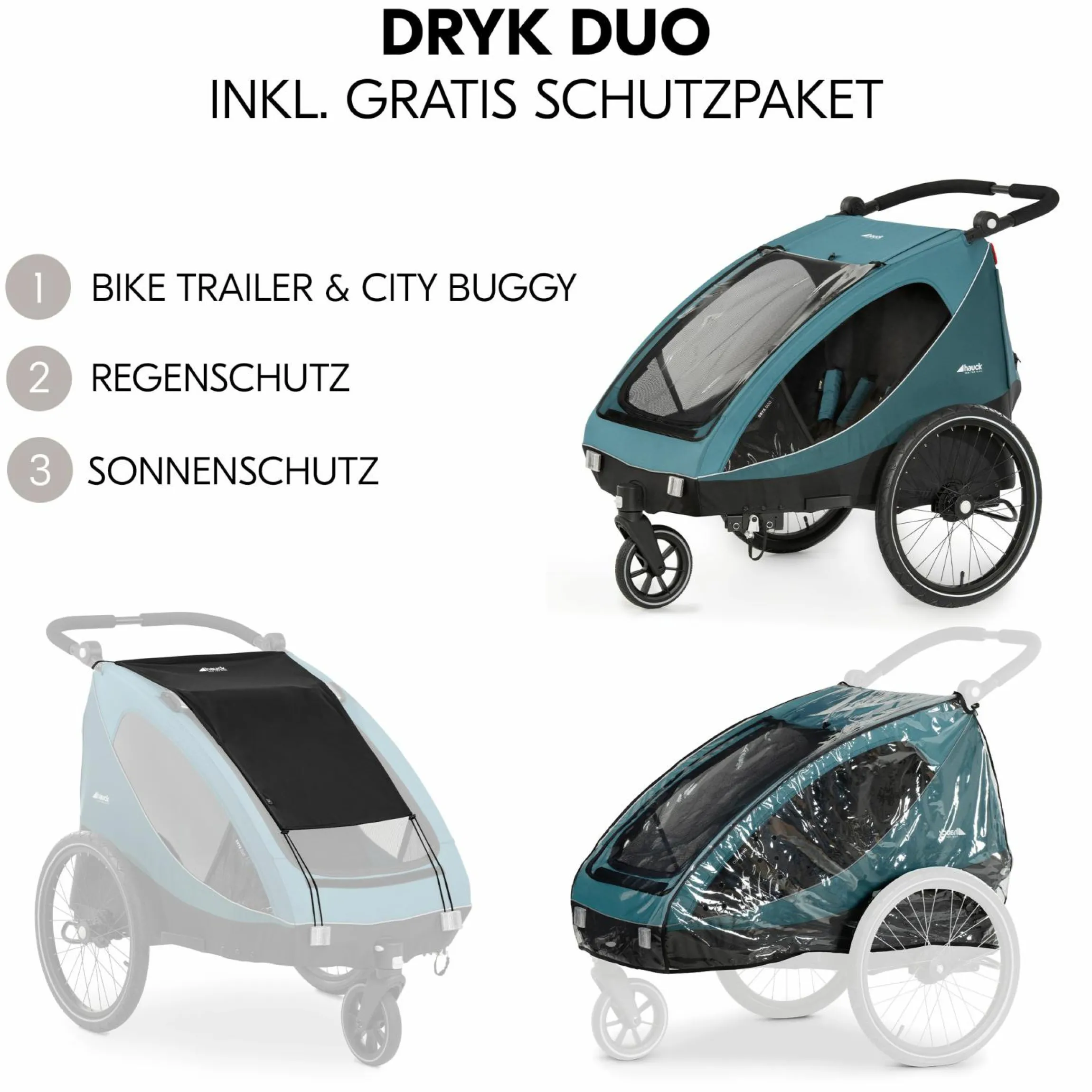 2in1 Fahrradanhänger Dryk Duo für 2 Kinder (bis 44 kg) - Bike Trailer & City Buggy - inkl. GRATIS Schutzpaket - Ocean Green