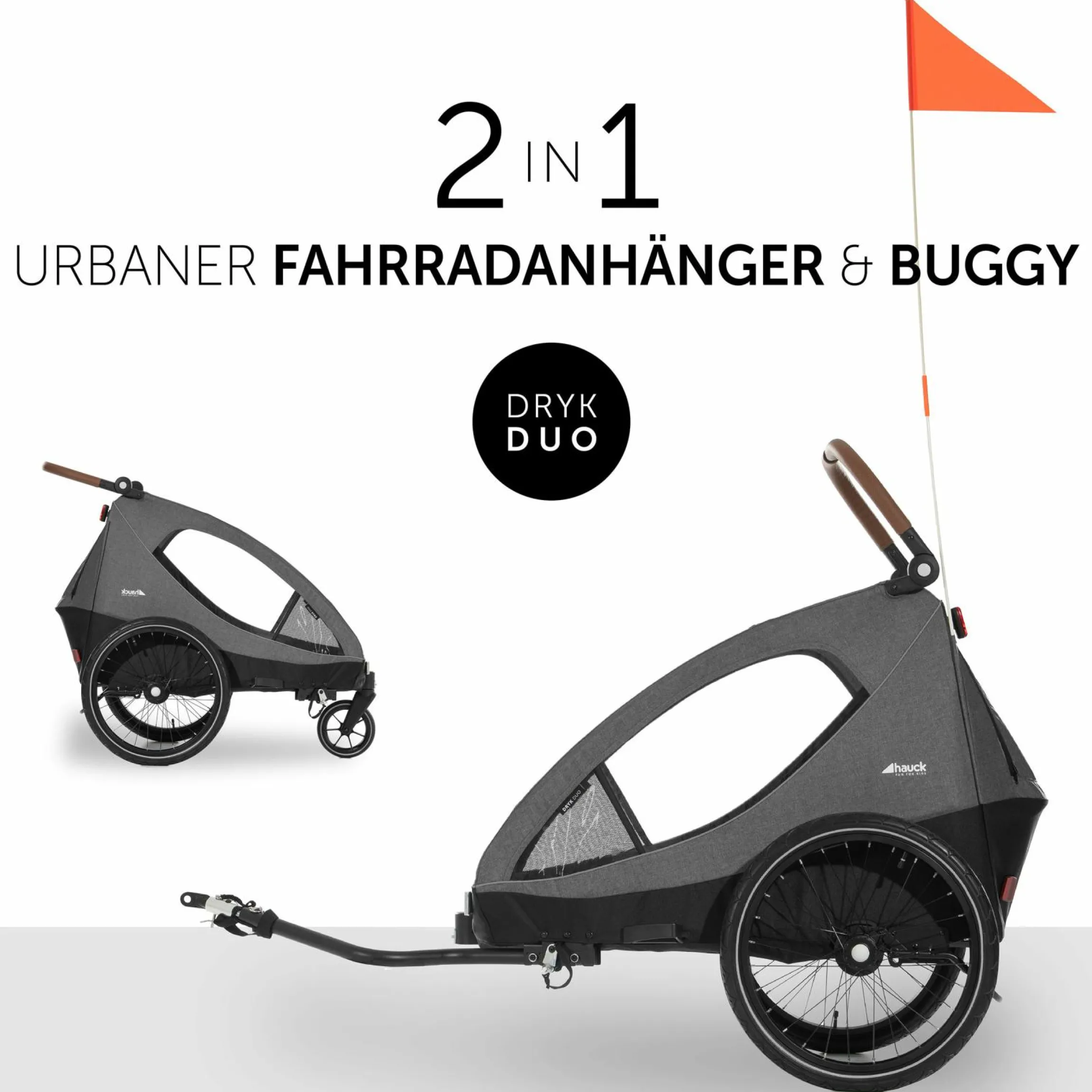 2in1 Fahrradanhänger Dryk Duo für 2 Kinder (bis 44 kg) - Bike Trailer & City Buggy - Melange Grey