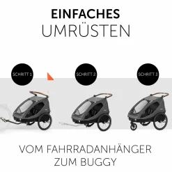 2in1 Fahrradanhänger Dryk Duo für 2 Kinder (bis 44 kg) - Bike Trailer & City Buggy - Melange Grey