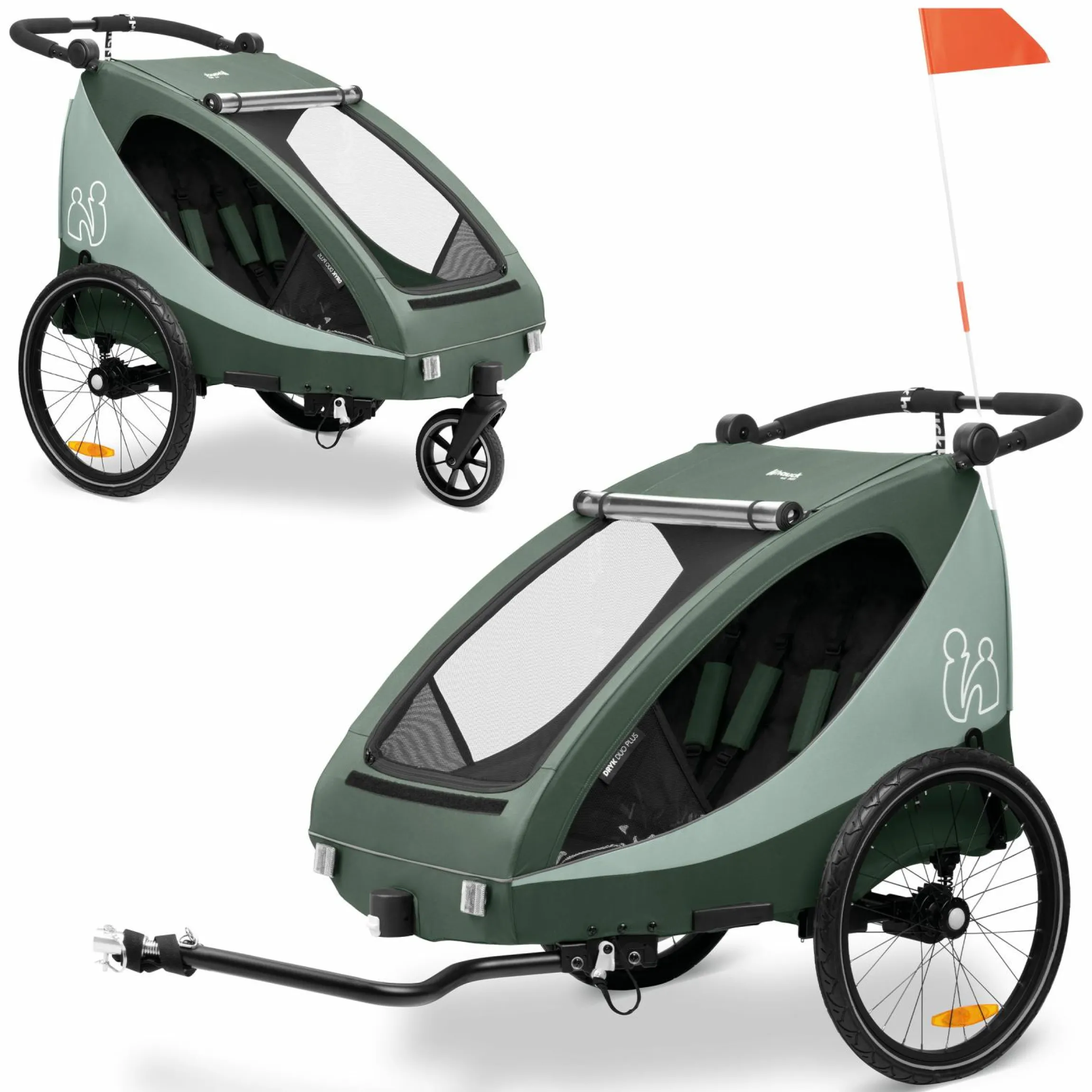 2in1 Fahrradanhänger Dryk Duo Plus für 2 Kinder (bis 44 kg) - Bike Trailer & City Buggy - Dark Green