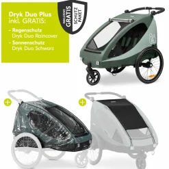 2in1 Fahrradanhänger Dryk Duo Plus für 2 Kinder (bis 44 kg) - Bike Trailer & City Buggy - inkl. GRATIS Schutzpaket - Dark Green