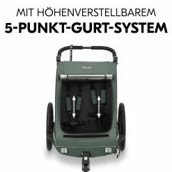2in1 Fahrradanhänger Dryk Duo Plus für 2 Kinder (bis 44 kg) - Bike Trailer & City Buggy - inkl. GRATIS Schutzpaket - Dark Green