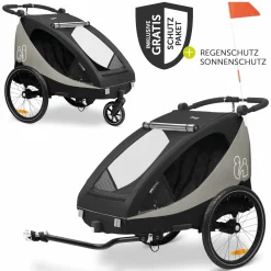 2in1 Fahrradanhänger Dryk Duo Plus für 2 Kinder (bis 44 kg) - Bike Trailer & City Buggy - inkl. GRATIS Schutzpaket - Black