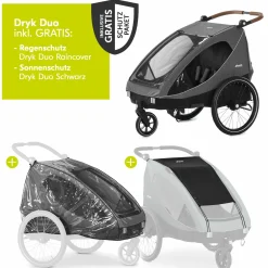 2in1 Fahrradanhänger Dryk Duo für 2 Kinder (bis 44 kg) - Bike Trailer & City Buggy - inkl. GRATIS Schutzpaket - Melange Grey