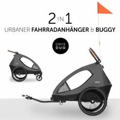 2in1 Fahrradanhänger Dryk Duo für 2 Kinder (bis 44 kg) - Bike Trailer & City Buggy - inkl. GRATIS Schutzpaket - Melange Grey
