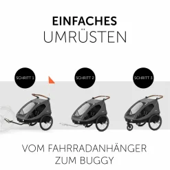 2in1 Fahrradanhänger Dryk Duo für 2 Kinder (bis 44 kg) - Bike Trailer & City Buggy - inkl. GRATIS Schutzpaket - Melange Grey
