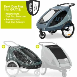 2in1 Fahrradanhänger Dryk Duo Plus für 2 Kinder (bis 44 kg) - Bike Trailer & City Buggy - inkl. GRATIS Schutzpaket - Dark Blue