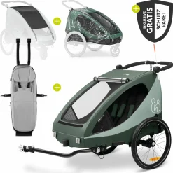 2in1 Fahrradanhänger Sparset Dryk Duo Plus - für 2 Kinder (bis 44 kg) - Bike Trailer & City Buggy - inkl. Babysitz Lounger & Schutzpaket - Dark Green